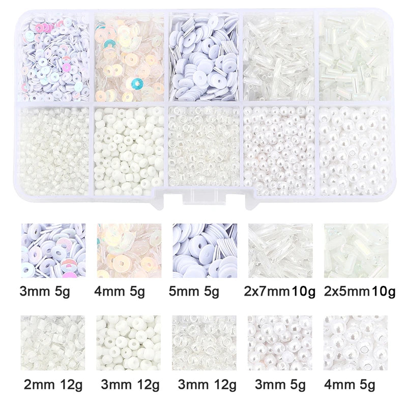 Assorted white beads in a clear container with labeled quantities and sizes.