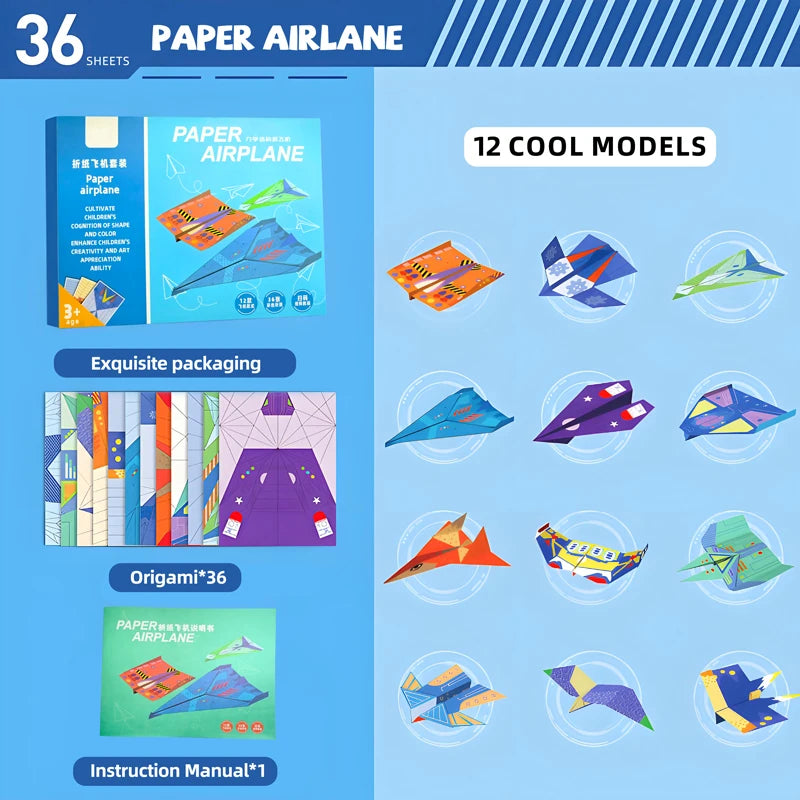 Paper airplane kit packaging with models and features on a blue background
