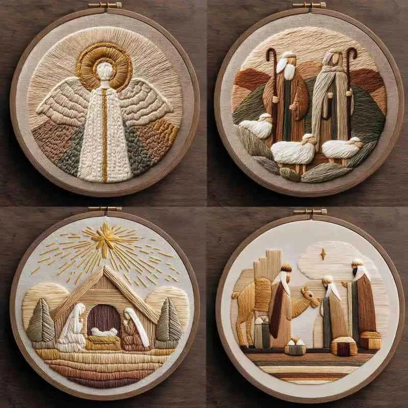 Nativity Embroidery Kit – Stamped Cotton Pattern with 20cm Hoop, 7 Designs