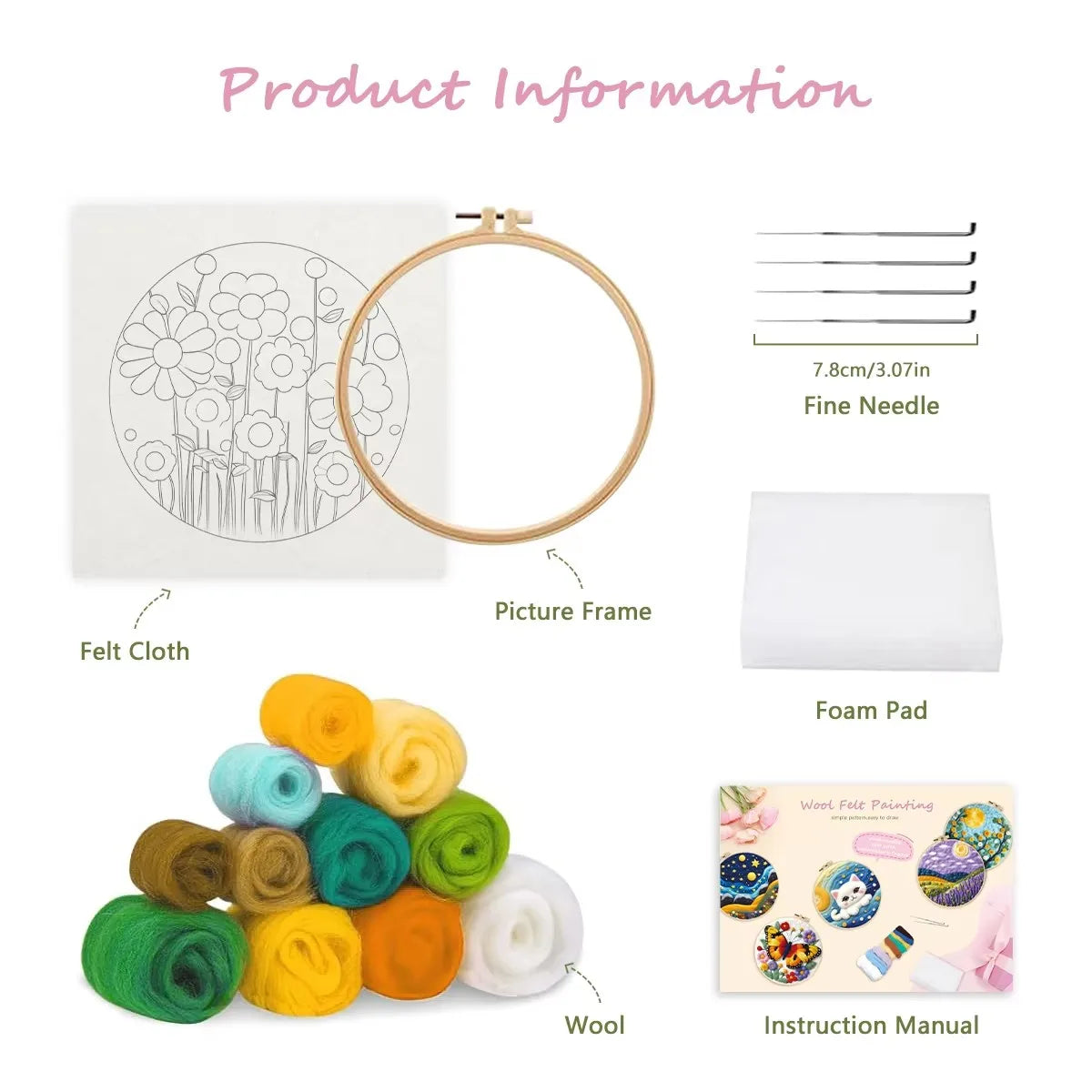 needle felting kit with printed design cloth, wool roving, embroidery hoop, and felting needles, instruction manual and foam pad