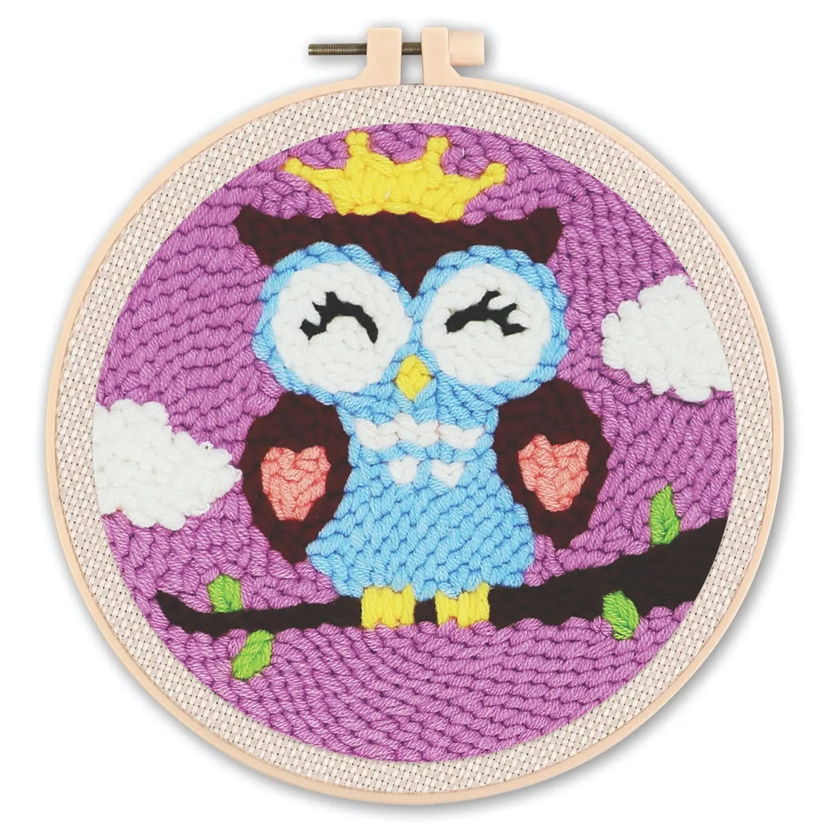 Embroidery hoop with a colorful owl design on a purple background