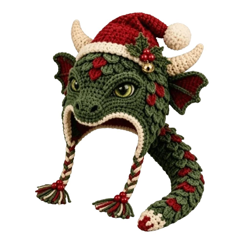 A crocheted dragon head and neck hat in green, red, and cream, styled with a Santa hat and holly accents on a plain white background.