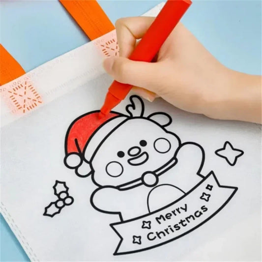 Color-Your-Own Christmas Tote Bags for Kids – 10-Pack Non-Woven Bags, 4 Designs