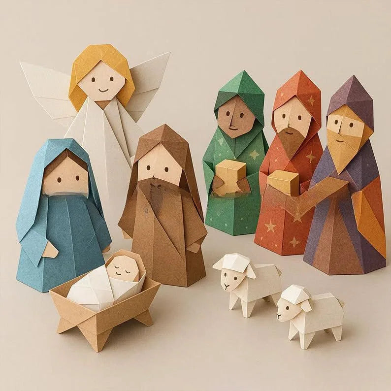 Folded paper nativity scene figures with angel, sheep, wise men Mary, Joseph and baby Jesus