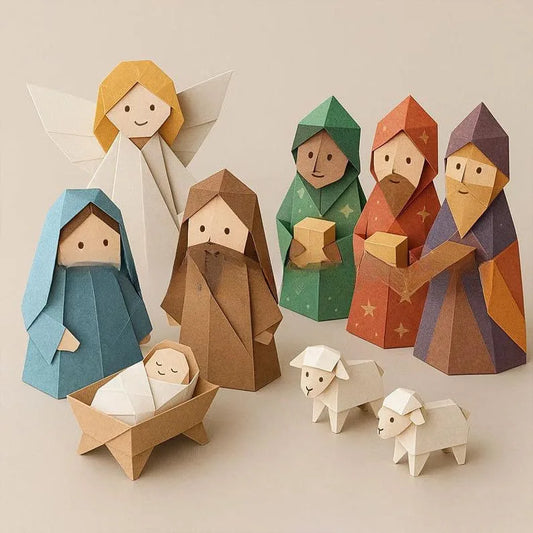 Folded paper nativity scene figures with angel, sheep, wise men Mary, Joseph and baby Jesus