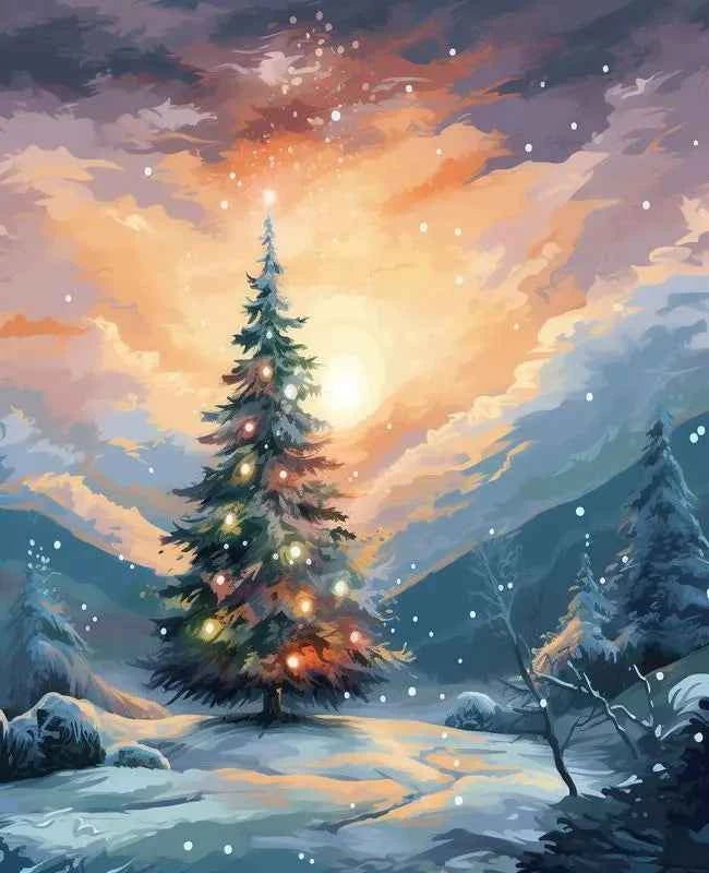 Snowy Christmas Tree Paint by Numbers Kit – Winter Landscape, 5 Designs, Framed or Unframed