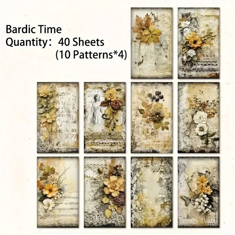 Collection of 40 sheets of floral and vintage-themed paper with 10 different patterns