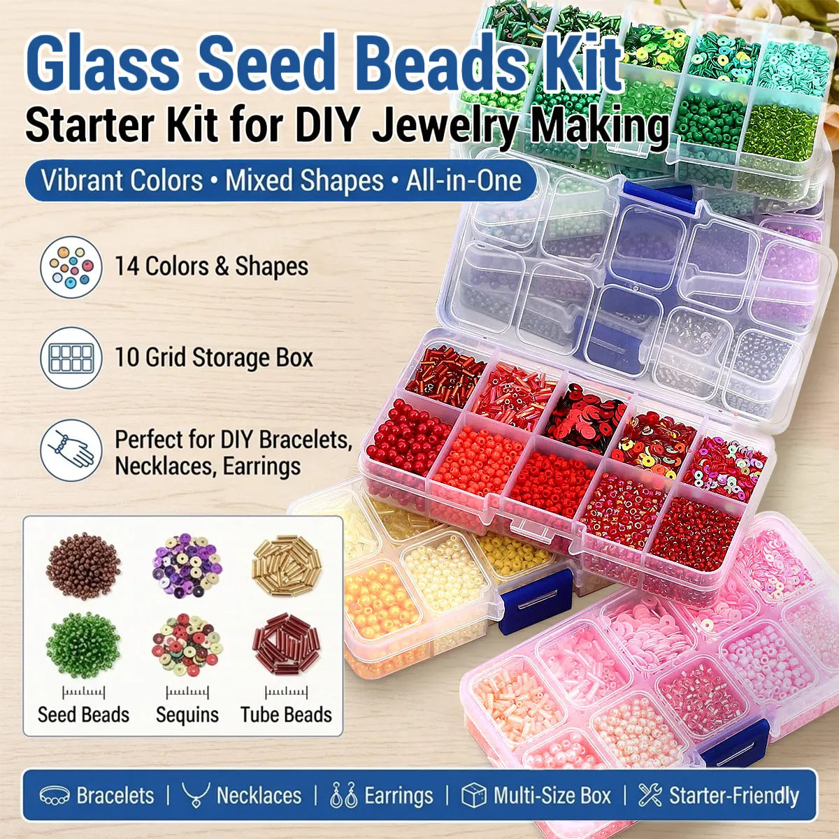 Glass Seed Beads Kit with various colored beads and storage box 
