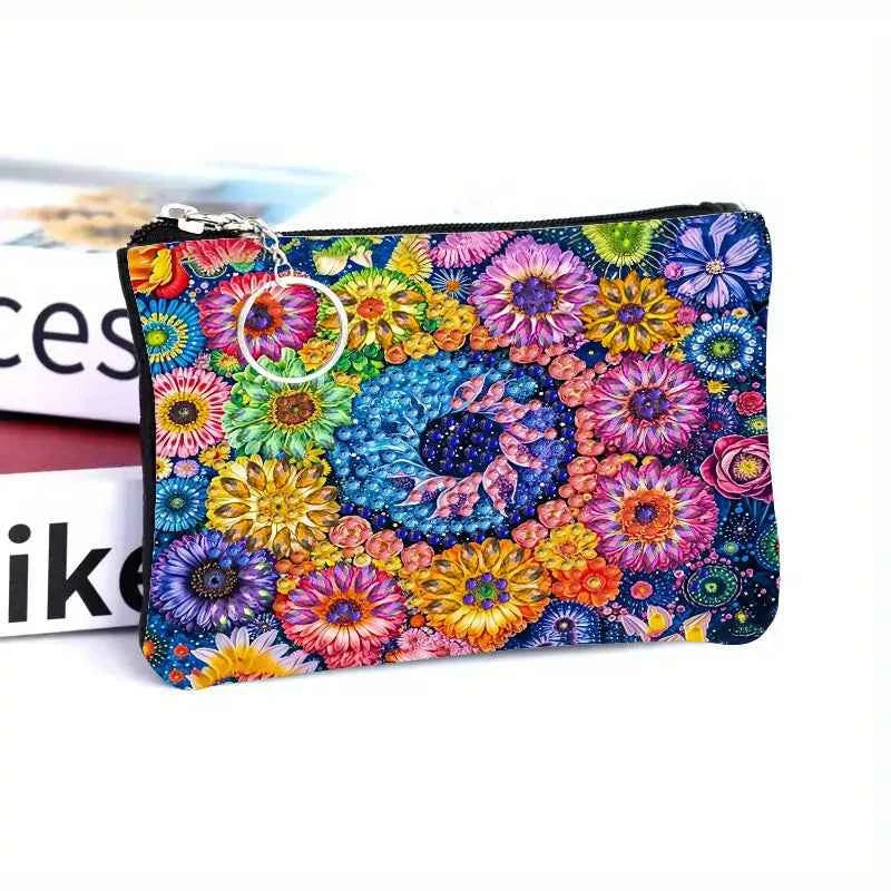 Floral Diamond Art Coin Purse, Small Zippered Leather Bag, 4 Designs