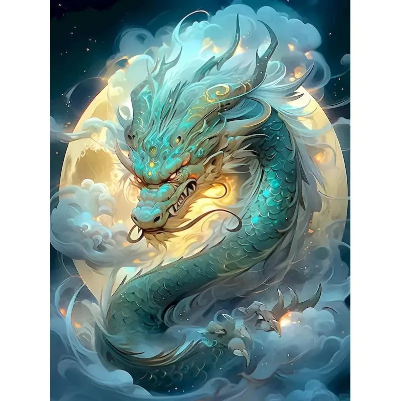 Dragon illustration with a glowing moon against a dark background