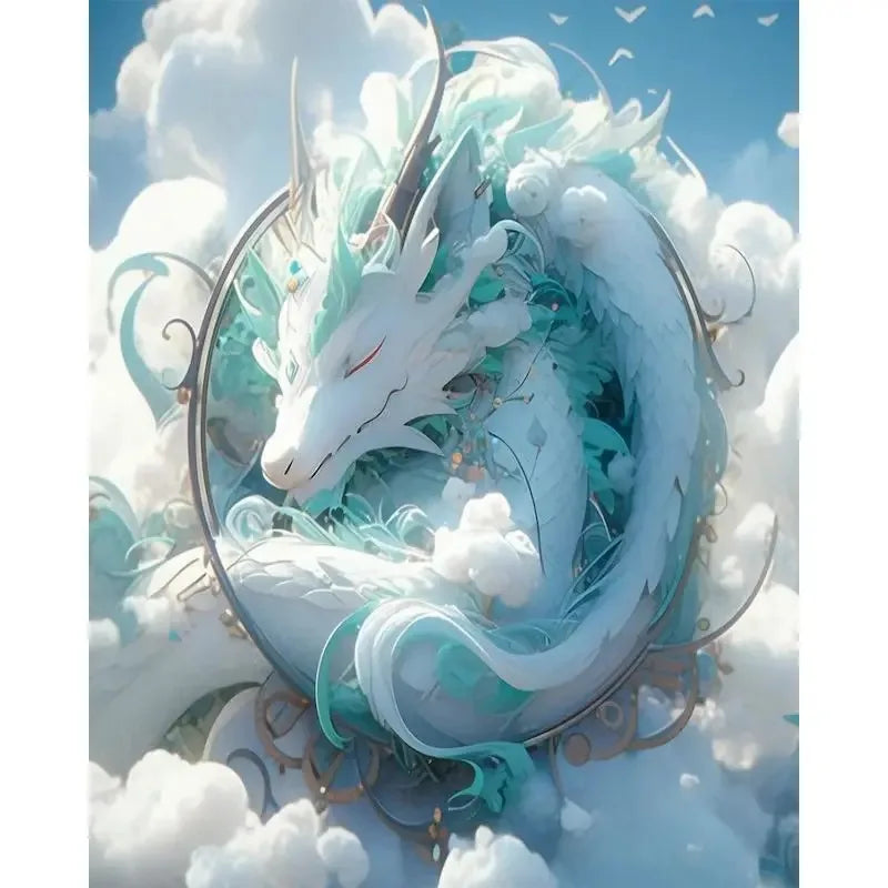 White dragon with teal accents in a cloud-filled sky