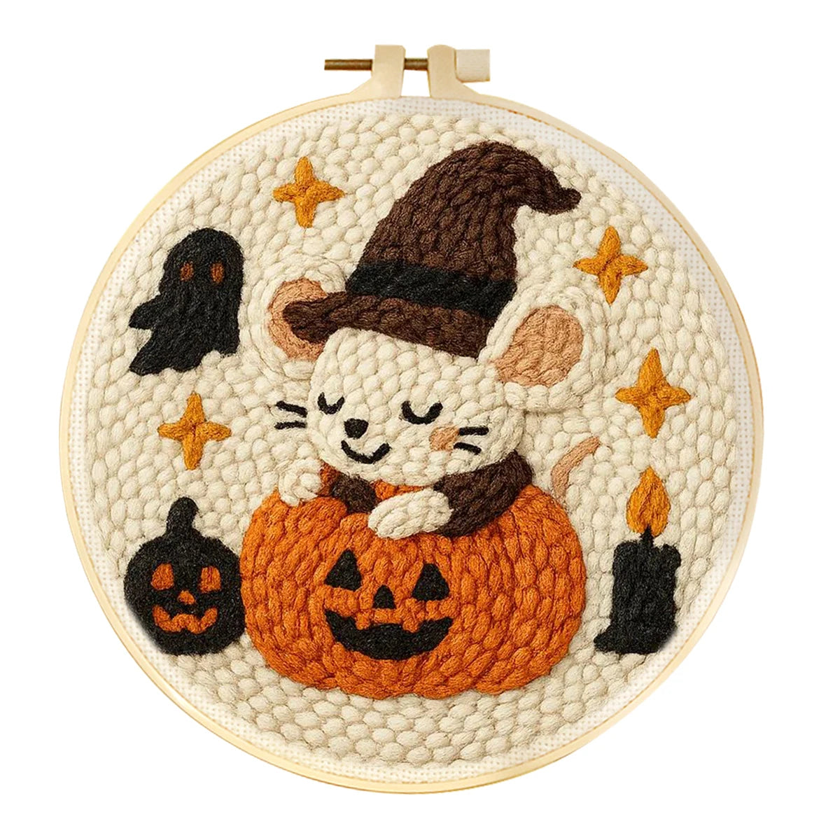A circular embroidery hoop containing a completed Halloween-themed punch needle design of a white mouse in a brown witch hat hugging an orange jack-o'-lantern, with black ghosts, candles, and stars on a cream background.