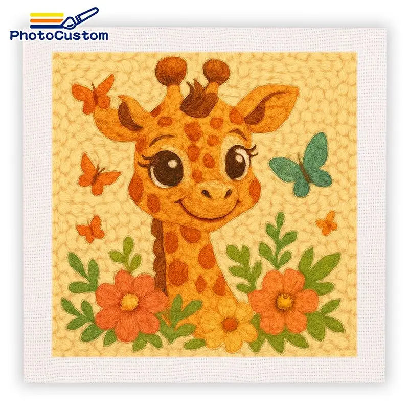 Embroidery of a giraffe surrounded by flowers and butterflies on a textured fabric background.