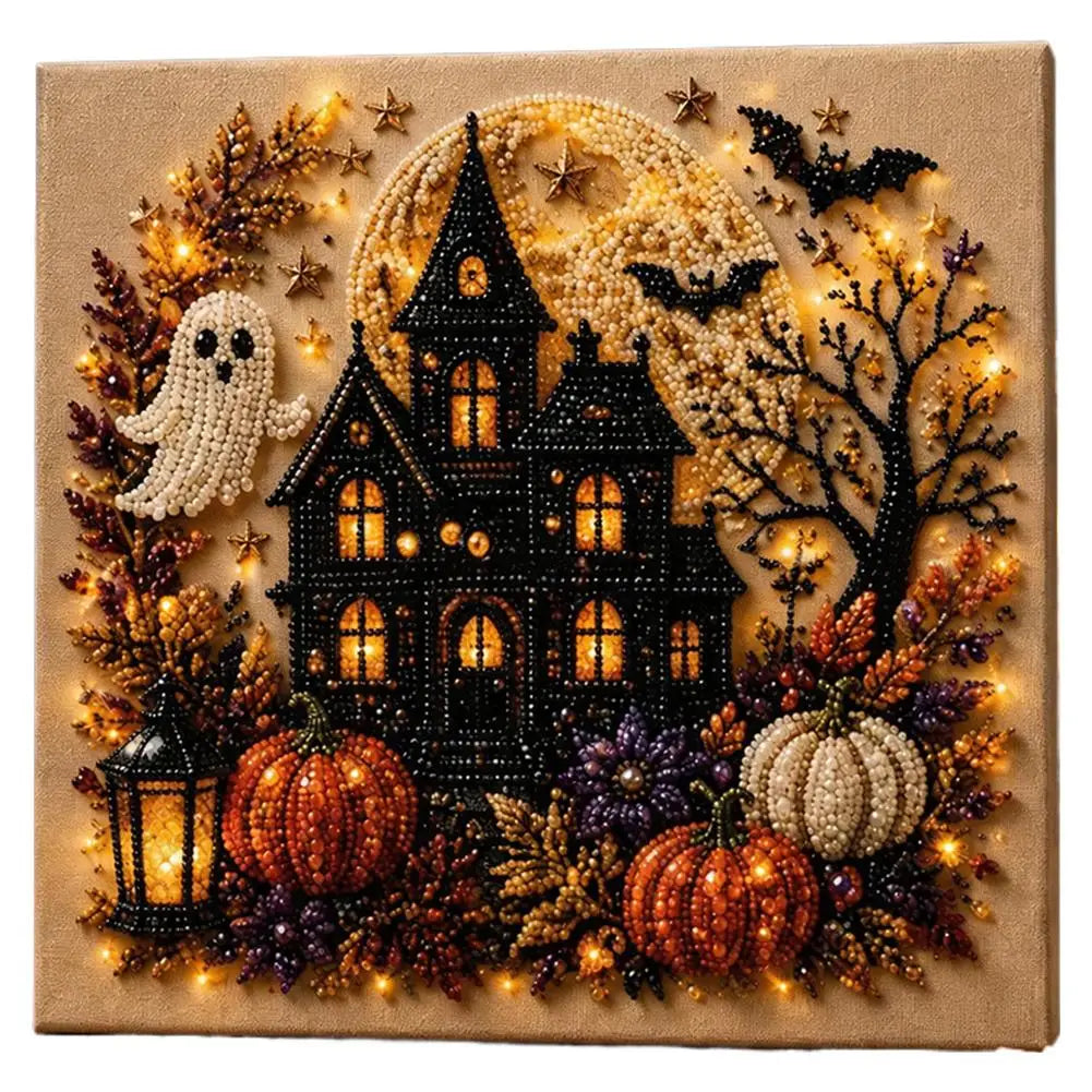 A square beaded Halloween wall art piece featuring a black haunted house, glowing moon, ghost, bats, pumpkins, autumn leaves, and a lantern on a tan textured background.