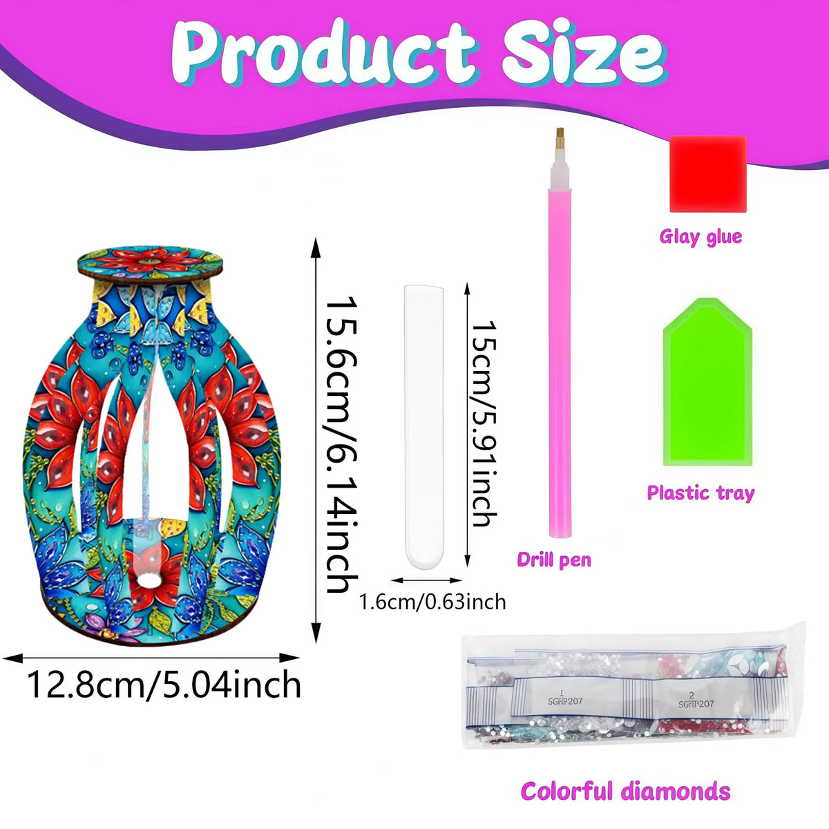 Product size diagram showing a colorful diamond art vase with dimensions, plus included accessories: a pink drill pen, clay glue, green plastic tray, and packaged colorful diamonds.