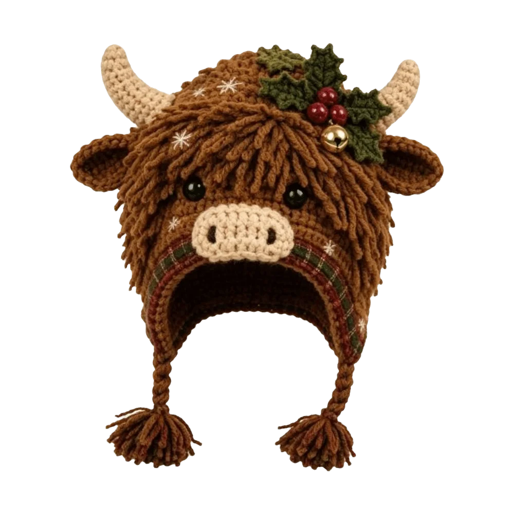A crocheted Highland cow hat with long brown shaggy yarn hair, cream horns, a cream snout, a green holly leaf with red berries, and a small gold bell on a white background.