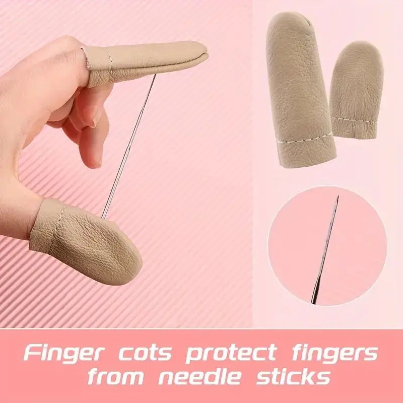 Beige finger cot being worn on a finger with a needle