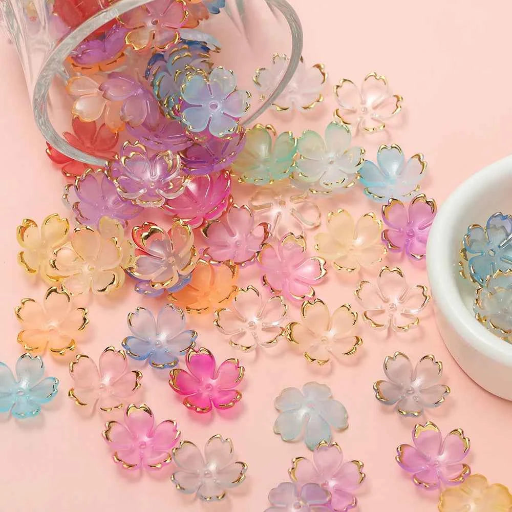 50 pcs Cherry Blossom, Acrylic, Golden Brushed Beads