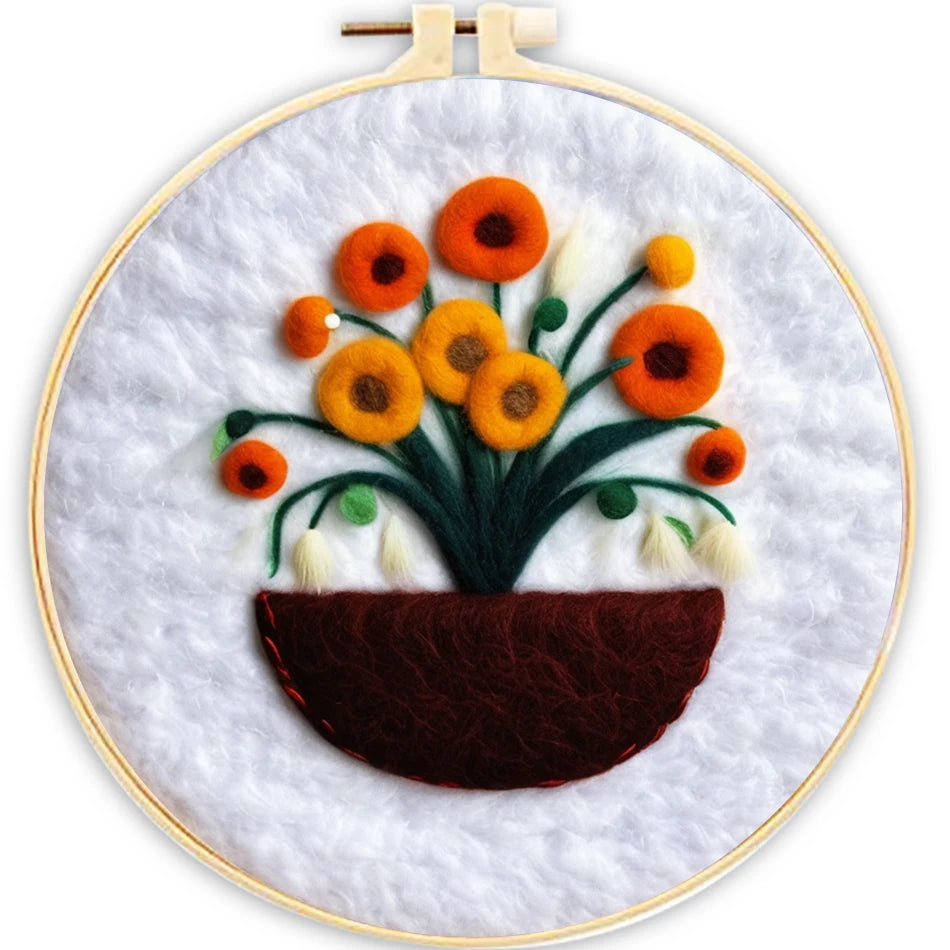 Embroidery hoop with floral design on a white background
