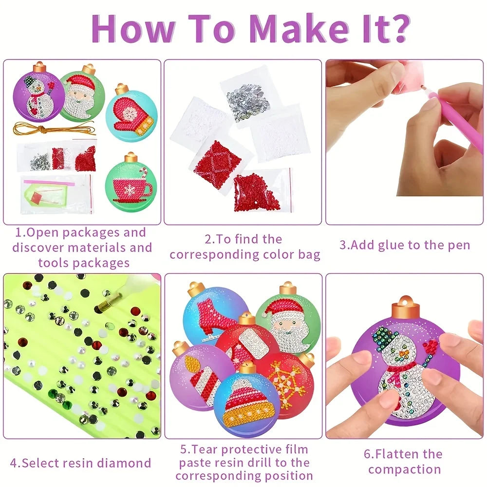 An instructional collage titled 'How To Make It?' showing six steps for making a diamond painting ornament: opening packages, finding the color bag, adding glue to a pen, selecting resin diamonds, peeling protective film, and flattening the compaction. The collage includes photos of packaged materials, close-ups of rhinestones, and hands holding a finished ornament.