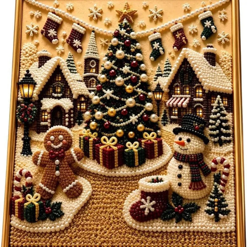 A framed diamond art Christmas village  featuring a central decorated tree, snowman, gingerbread man, houses, stockings, gifts, and snowflakes 