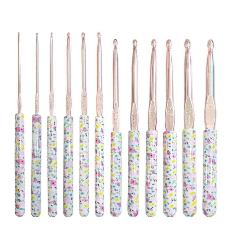 12 Crochet Hook Set with Colorful Flower Printed Handle