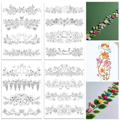4-Sheets Large Embroidery Pre-Printed Floral, Plant & Bonsai Designs on Water-Soluble Stick & Stitch Paper