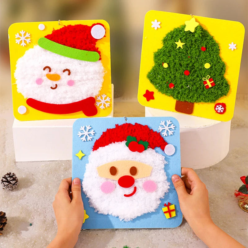 Fuzzy wool pictures of a snowman, Christmas tree, and Santa Claus