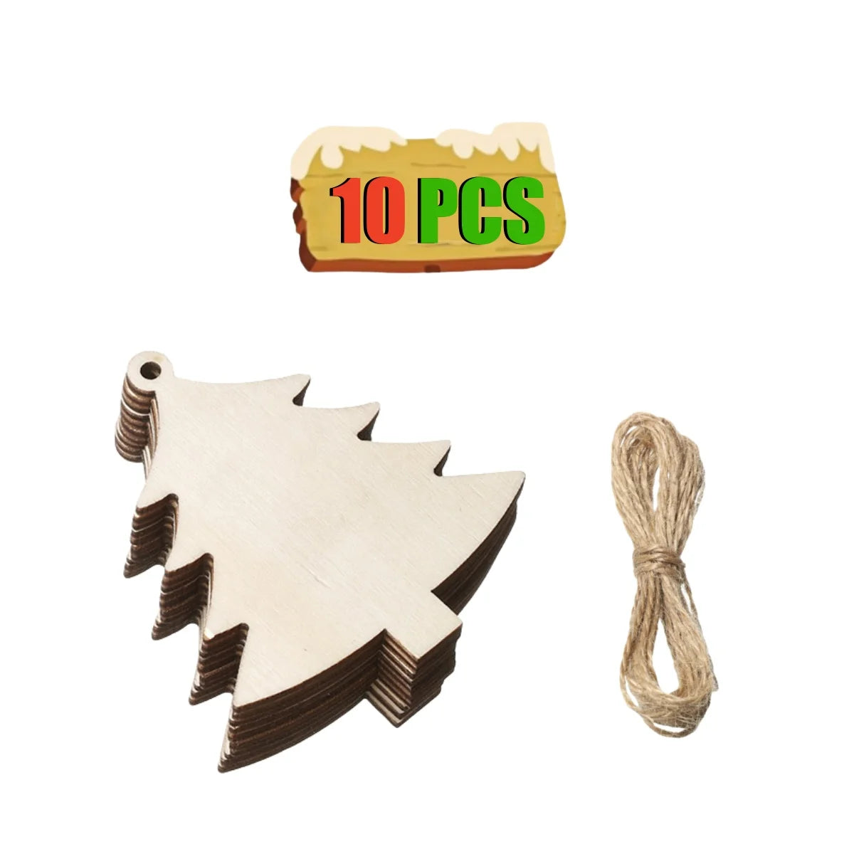 10 pieces wooden Christmas tree ornament for decorating with cord for hanging