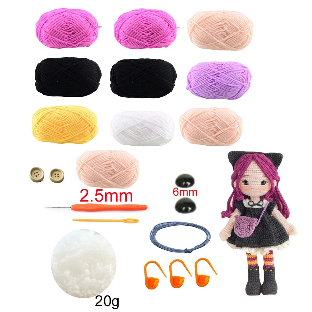 Collection of yarn balls, buttons, a crochet hook, and a small crocheted girl doll with a black dress and a purple shoulder bag and other supplies