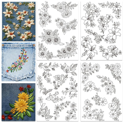 4-Sheet Floral Embroidery Pre-Printed Water-Soluble Designs on Stick & Stitch Paper
