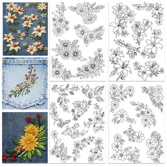 4-Sheet Floral Embroidery Pre-Printed Water-Soluble Designs on Stick & Stitch Paper