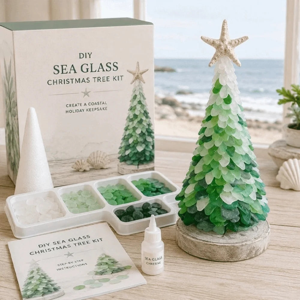 DIY Sea Glass Christmas Tree Kit shown with its packaging box, tools, and a completed green and white sea glass tree 
