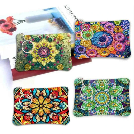 Floral Diamond Art Coin Purse, Small Zippered Leather Bag, 4 Designs