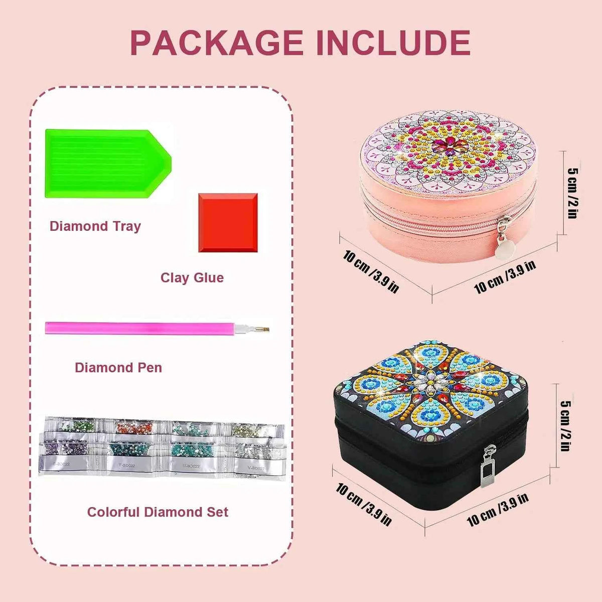 Diamond Art Travel Jewelry Box Kit, Black Square or Pink Round
