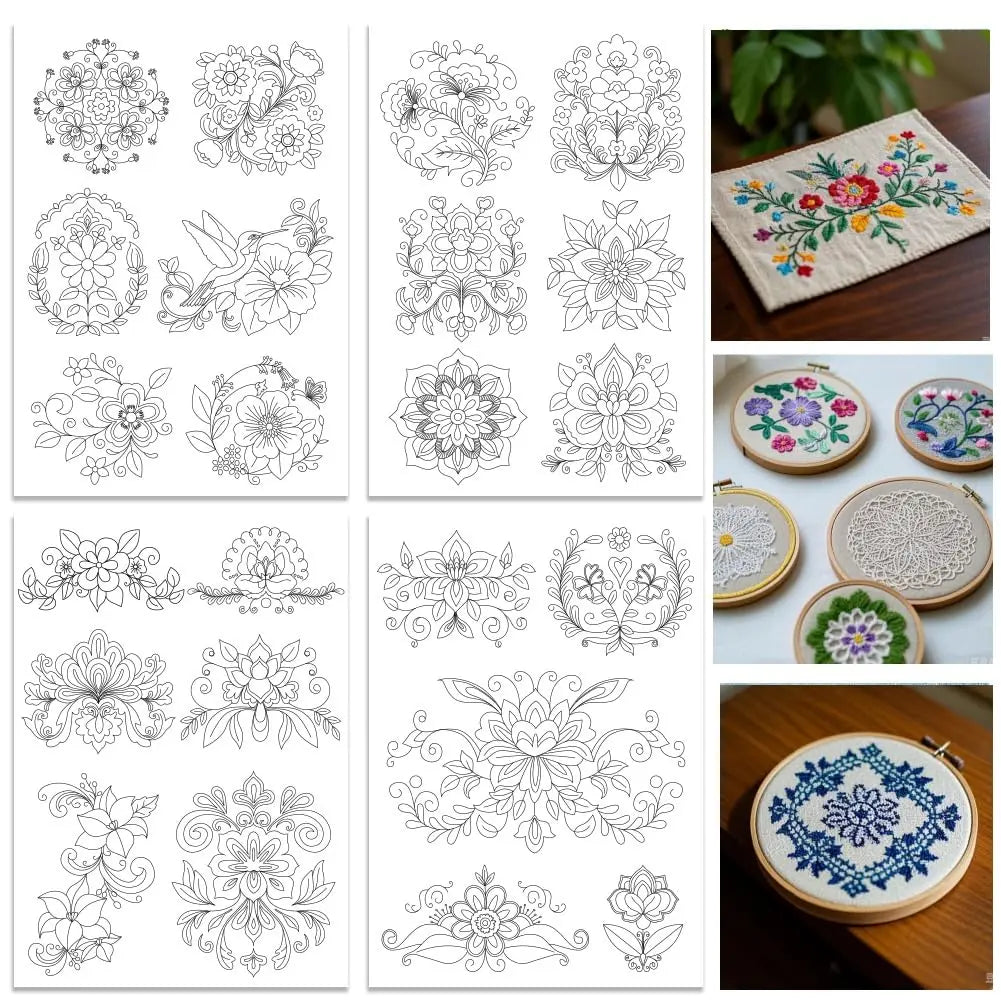 4-Sheets Large Embroidery Pre-Printed Floral, Plant & Bonsai Designs on Water-Soluble Stick & Stitch Paper