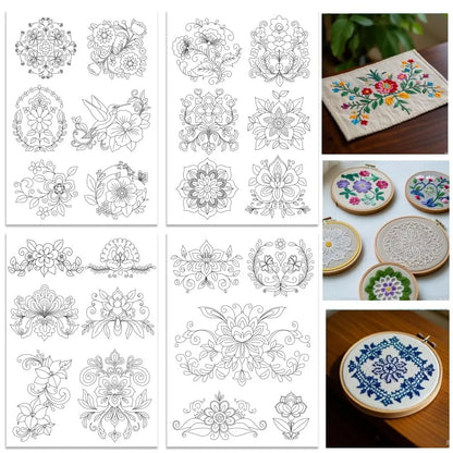 4-Sheets Large Embroidery Pre-Printed Floral, Plant & Bonsai Designs on Water-Soluble Stick & Stitch Paper
