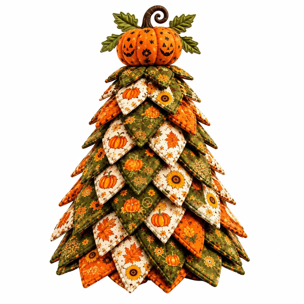 A decorative autumn tree made from layered fabric pennants in orange, green, and white floral patterns, topped with an orange pumpkin and green leaves, shown on a plain white background.
