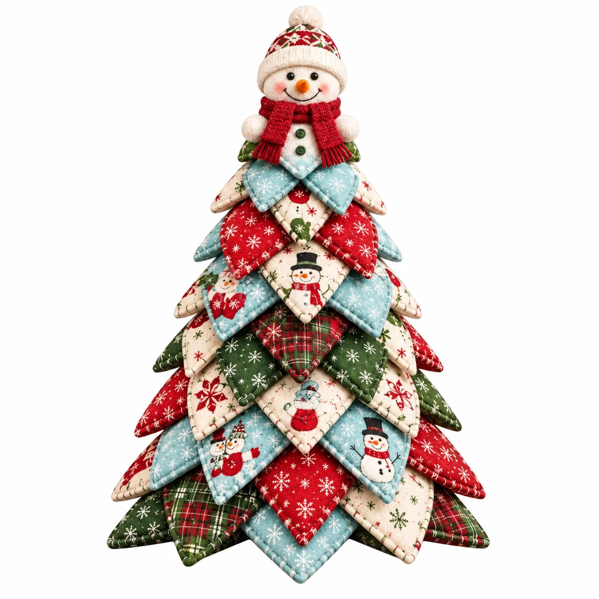 A handmade Christmas tree-shaped fabric ornament made of layered diamond-shaped patches in red, light blue, green, and cream with snowman and snowflake motifs, topped with a smiling snowman figure wearing a red scarf and patterned hat, on a plain white background.