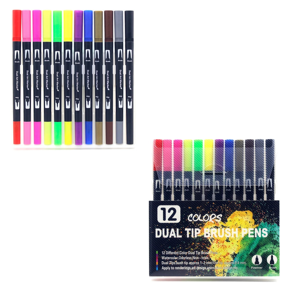 Dual-Tip Watercolor Brush Pens - Available in Sets of 12/24/36/48/60/72/100/120 Colors