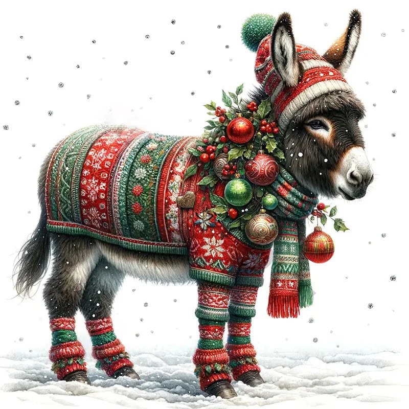 A festive donkey standing in the snow, dressed in a red and green Christmas sweater, matching hat, and scarf, decorated with red and green ornaments and holly leaves.
