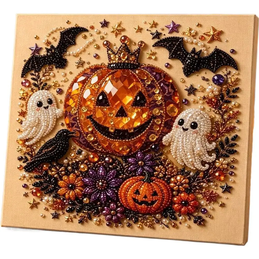 A square beaded Halloween wall art piece featuring a large central orange jack-o'-lantern with a crown, two white ghosts, black bats, a small black raven, and autumn flowers on a tan canvas background.