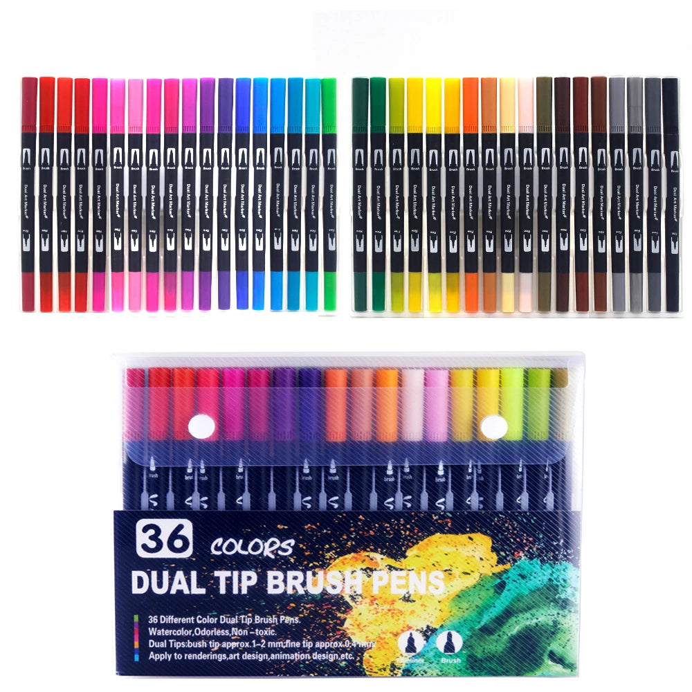 Dual-Tip Watercolor Brush Pens - Available in Sets of 12/24/36/48/60/72/100/120 Colors