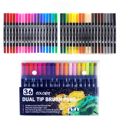 Dual-Tip Watercolor Brush Pens - Available in Sets of 12/24/36/48/60/72/100/120 Colors