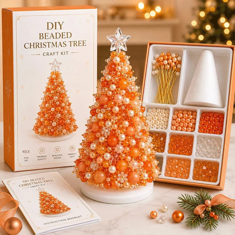DIY Beaded Christmas Tree craft kit shown with its retail box, an assembled orange-and-cream beaded tree, a tray of beads and cone, and instruction booklet