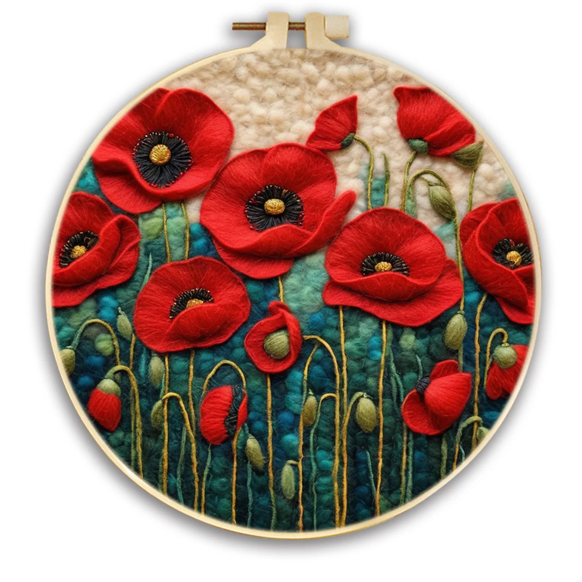 Vibrant field of red poppies with a black center, shades of green in the background and a cream color for the sk