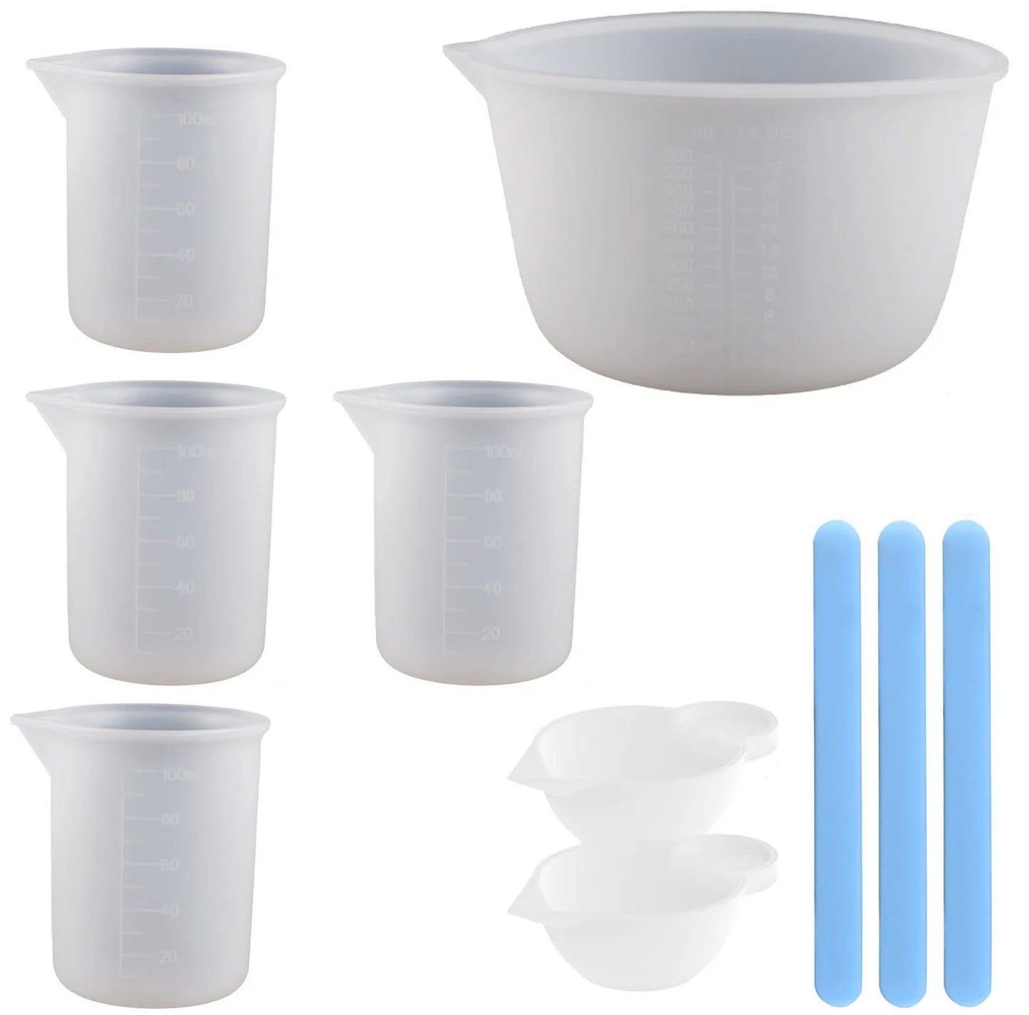 Set of Silicone Measuring Cups and Stir Sticks for Epoxy Resin Molds and Candle Making