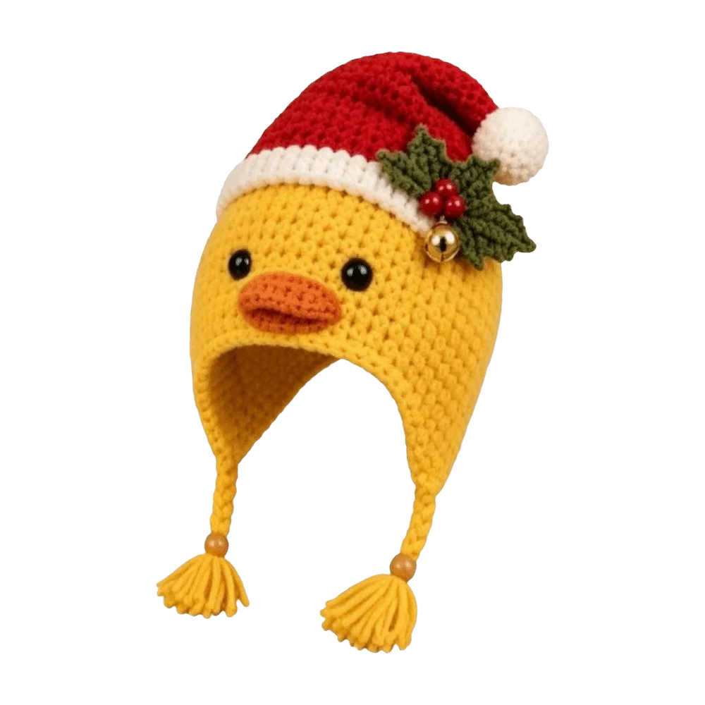 A yellow crocheted duck-themed Santa hat with ear flaps, braided tassels, a red Santa hat, white trim, a green holly leaf, red berries, and a small gold bell, shown on a plain white background.