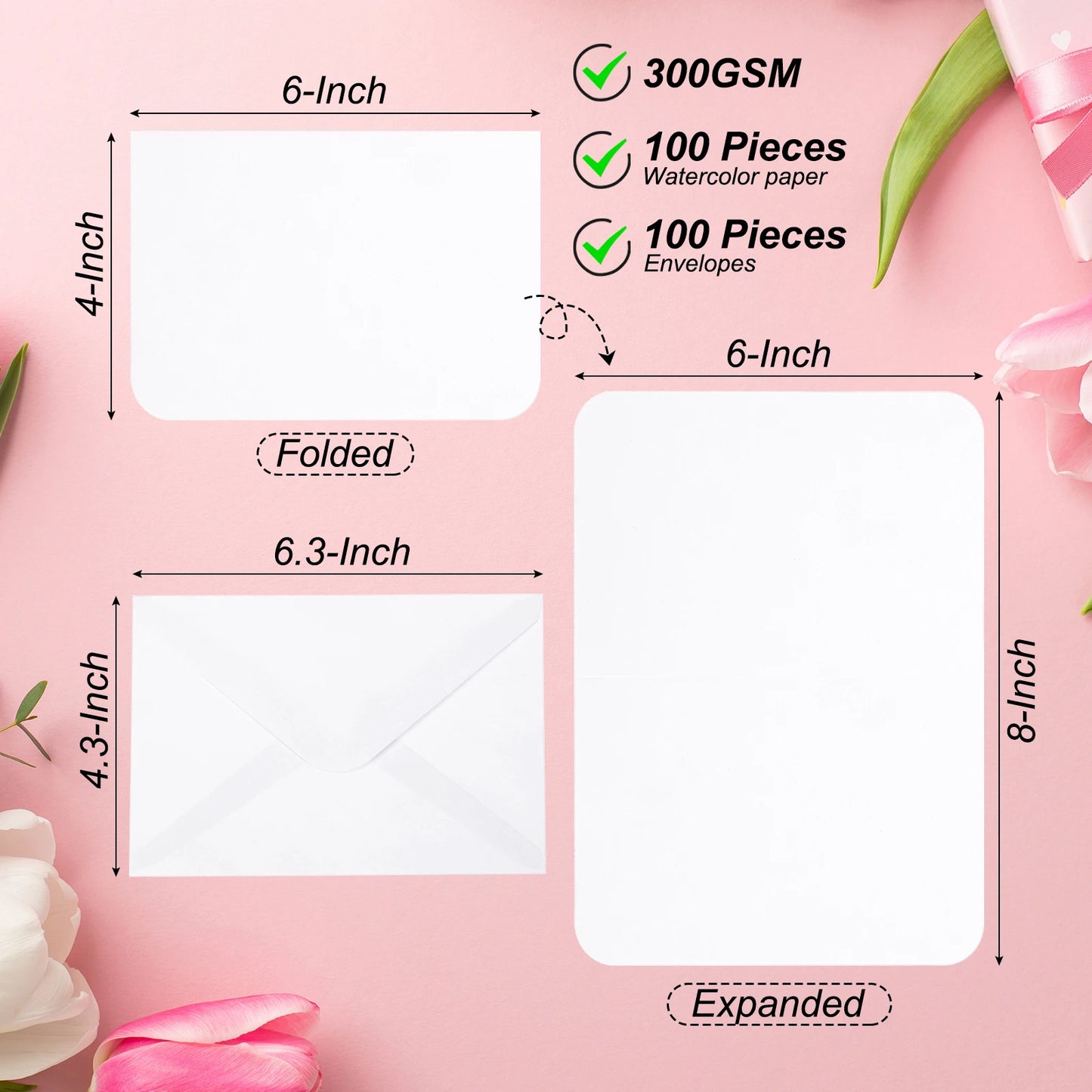 50 Set 300gsm Cotton Postcard Watercolor Paper Cards with Envelopes