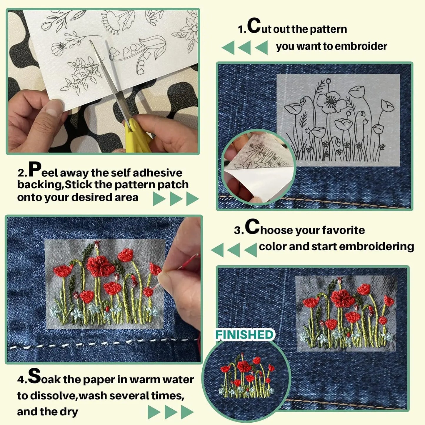 Water Soluble Stick and Stitch Embroidery Paper with Pre-Printed Flowers and Leaf Patterns
